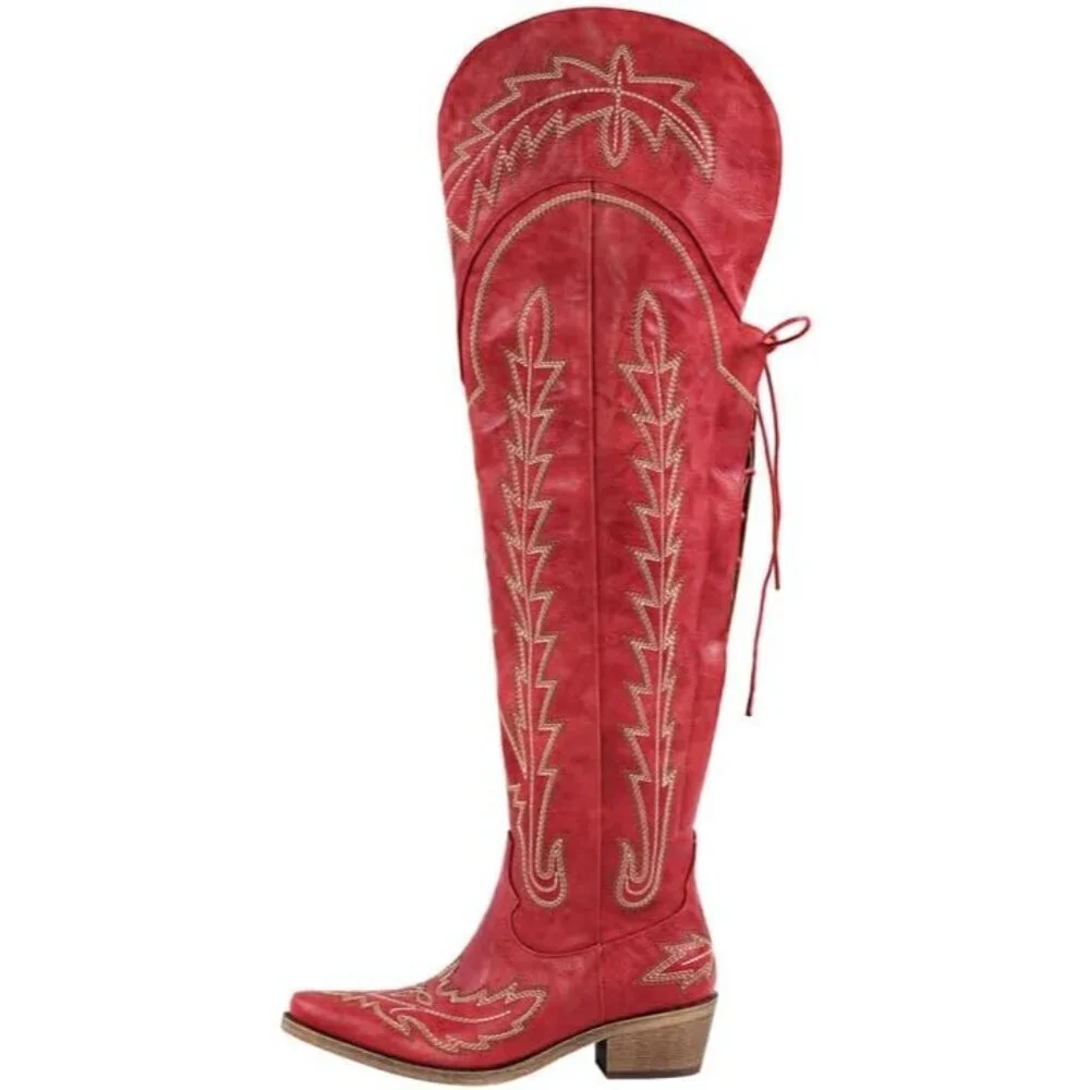 Women Red Synthetic Cowgirl Thigh High Wide Calf Embroidered Western Boots